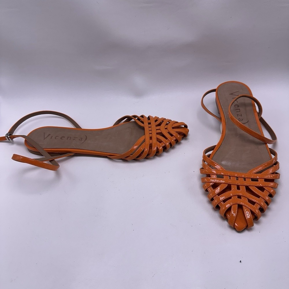 Vicenza Orange Patent Leather Strappy Sandals Caged Flat Pointed Toe Size 9 Wrap